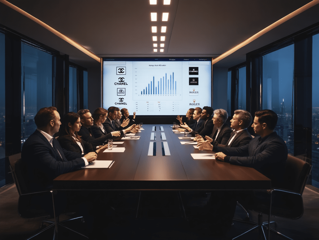 Executives discussing luxury brand investments during a board meeting representing the rise of family offices as new private equity funds.