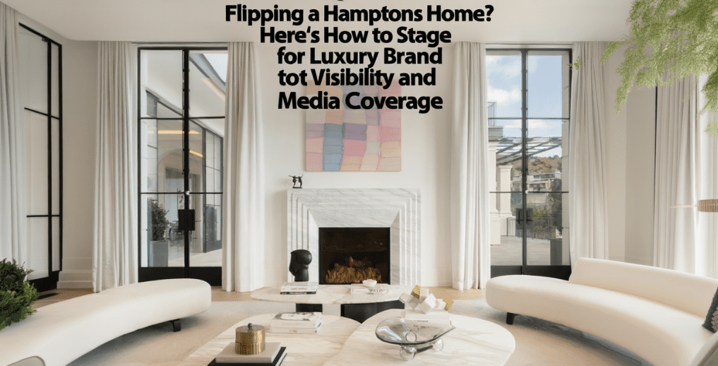 Luxurious Hamptons living room with curved white sofas, black marble coffee table, modern fireplace, and floor-to-ceiling windows showcasing professional luxury home staging for media coverage