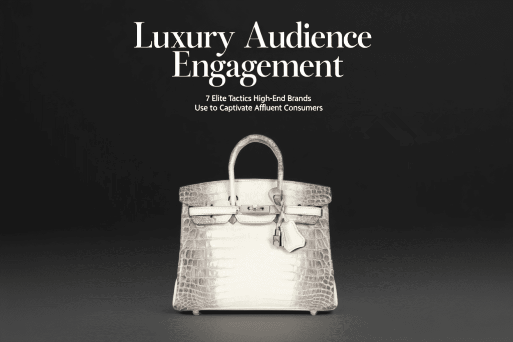 A promotional graphic on a black background featuring a luxurious white Hermès Birkin handbag with crocodile skin texture, centered below elegant white text reading "Luxury Audience Engagement" and subtitle "7 Elite Tactics High-End Brands Use to Captivate Affluent Consumers."