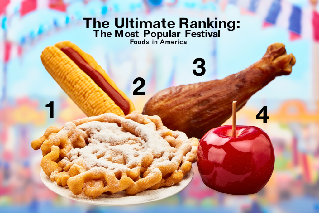 Infographic ranking the top 4 most popular festival foods in America, featuring colorful illustrations: 1st place funnel cake dusted with powdered sugar, 2nd place corn dog on a stick, 3rd place roasted turkey leg, and 4th place red candy apple on a stick, set against a festive fairground background with American flags.
