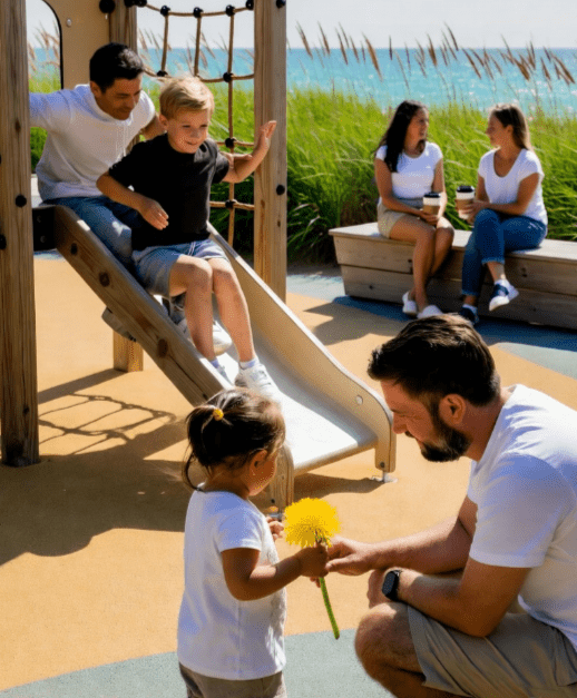 A joyful multigenerational family enjoying outdoor playtime at a sunny beachside playground: a father kneels to hand a dandelion to a smiling toddler girl in a white dress, while another dad assists a young boy sliding down a wooden ramp, with moms sipping coffee on a bench amid swaying sea grasses and ocean waves in the background.