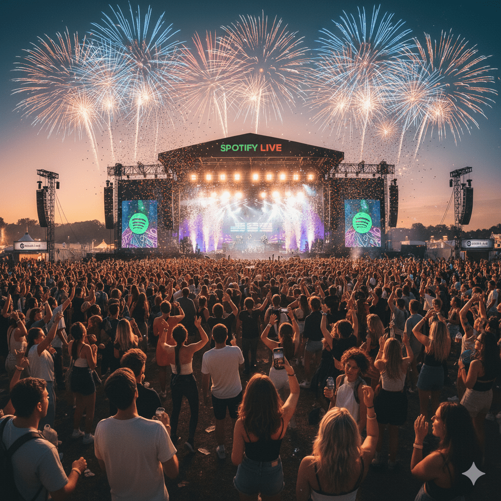 Panoramic, high-energy photo of the Spotify Live Music Festival main stage at dusk, featuring a global DJ, fireworks, and thousands of affluent fans, demonstrating the shift from streaming to exclusive live movements.