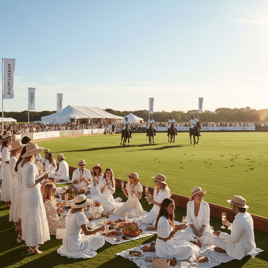 Sunny Hamptons Polo game in Bridgehampton, featuring a luxury brand activation with prominent brand sponsorship signage (Ralph Lauren, Rolex, Mercedes-Benz). Hundreds of beautiful people enjoy food and champagne on the field, representing a high-net-worth audience at an exclusive Hamptons event, perfect for luxury marketing and features in Social Life Magazine.
