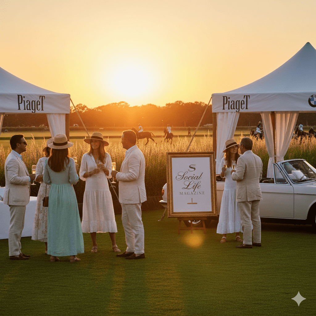 Hamptons polo sunset event with luxury guests and Social Life Magazine branding