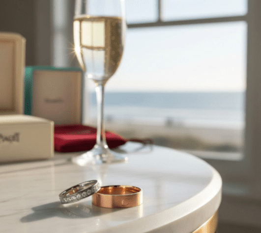A close-up, high-fashion editorial photograph of two wedding bands—one platinum with pavé diamonds, the other a wide rose-gold brushed band with a subtle 'C' engraving—resting on a white marble vanity table. Behind them, a champagne glass sparkles, and a blurred ocean view is visible through a sunlit window. Hints of designer packaging from Piaget and Tiffany are softly visible in the background, creating a quiet luxury aesthetic.