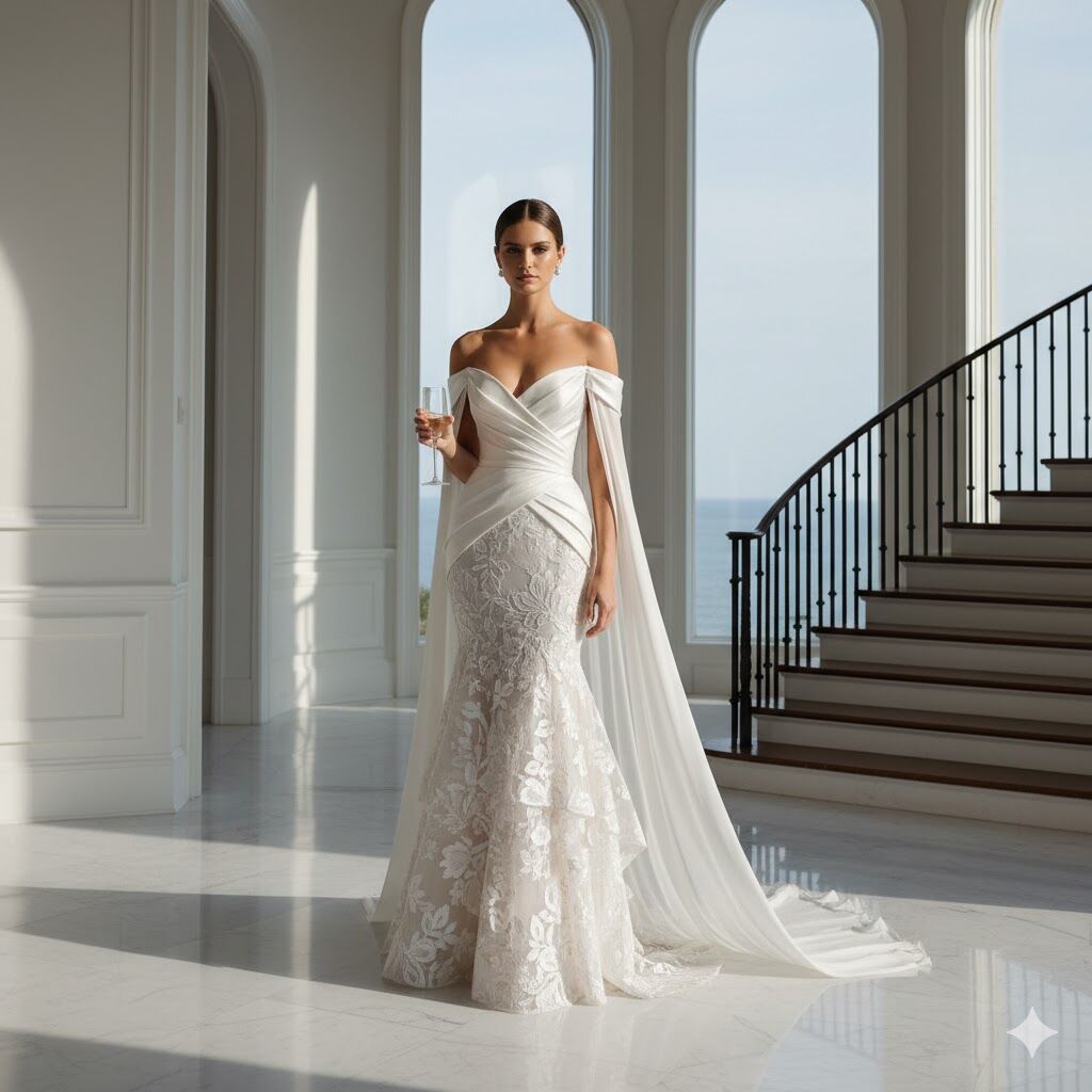 Architectural silhouette bridal gown in mikado silk, photographed in a minimalist Hamptons mansion.