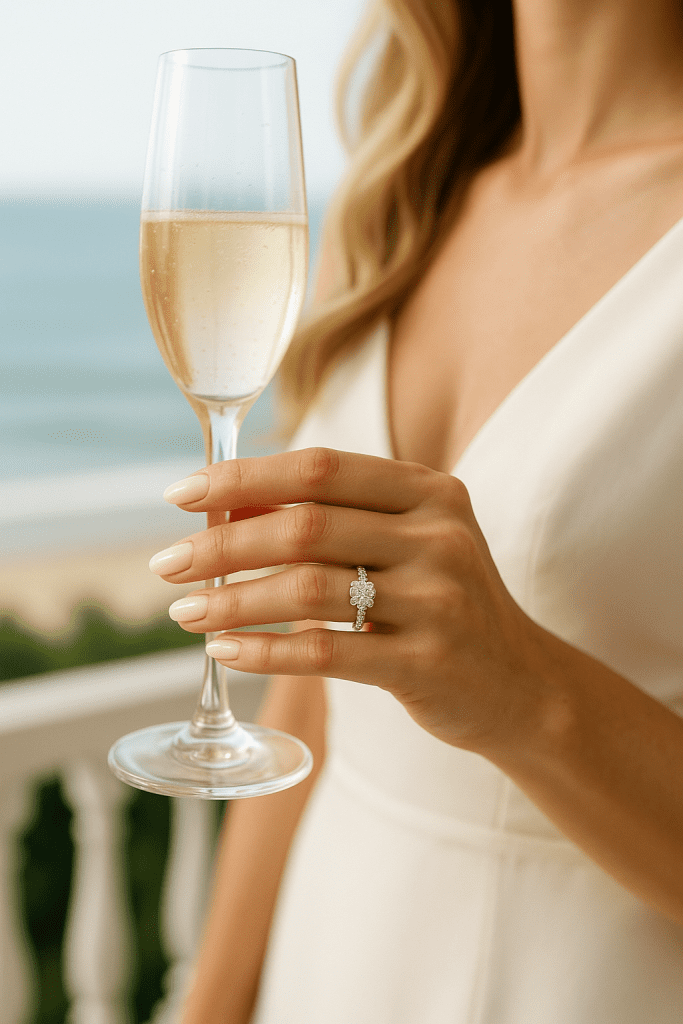 Hamptons bride with milky white manicure holding a champagne flute on a balcony overlooking the ocean, wearing a white silk gown and diamond ring, symbolizing quiet luxury bridal beauty.