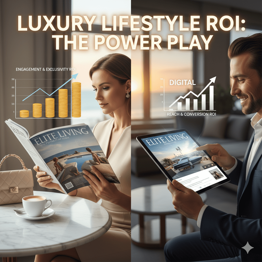 A split image contrasting luxury print and digital magazine consumption. On the left, a woman reads a physical "ELITE LIVING" magazine with a bar chart showing "Engagement & Exclusivity ROI" above her. On the right, a man views the same magazine digitally on a tablet, with a bar chart indicating "Reach & Conversion ROI." Both are in upscale settings, highlighting the different strengths of each medium.