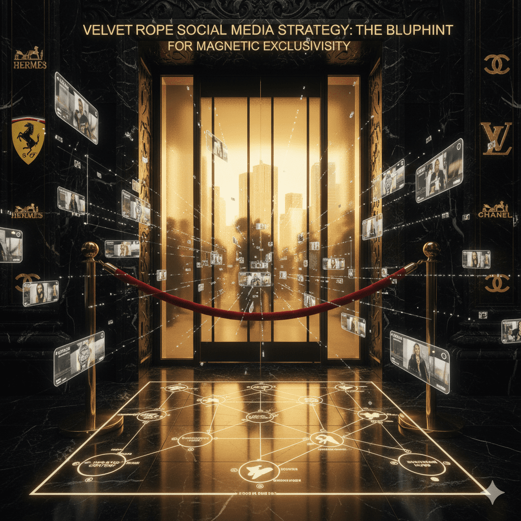 A dark, luxurious entrance hall features a red velvet rope blocking a golden-lit doorway, through which shadowy figures are visible. The space is adorned with glowing luxury brand logos (Hermès, Ferrari, Chanel, Louis Vuitton) and ethereal floating Instagram-style thumbnails. A glowing blueprint-like network of social media icons is projected onto the polished black marble floor, with the text "VELVET ROPE SOCIAL MEDIA STRATEGY: THE BLUEPRINT FOR MAGNETIC EXCLUSIVITY" at the top.
