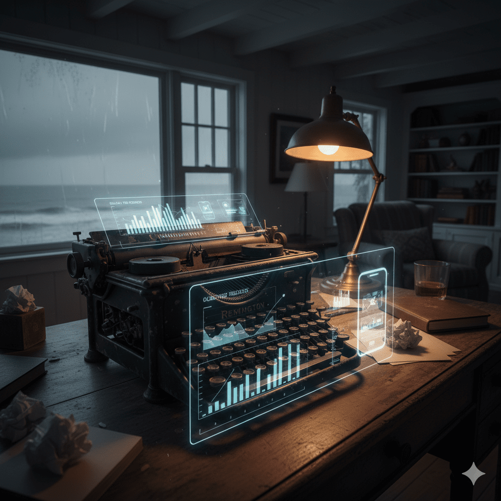 A moody, dimly lit scene of a vintage typewriter on a dark wooden desk in a Hamptons beach house. A subtle blue holographic projection of modern digital analytics, charts, and data points overlays the typewriter and desk, emanating from an off-screen smartphone. A window in the background shows a stormy ocean, and a desk lamp casts a warm glow on the scene.