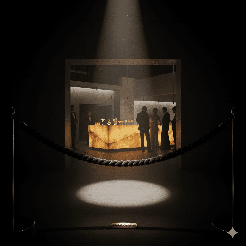 A velvet rope separating the viewer from an exclusive luxury brand activation event