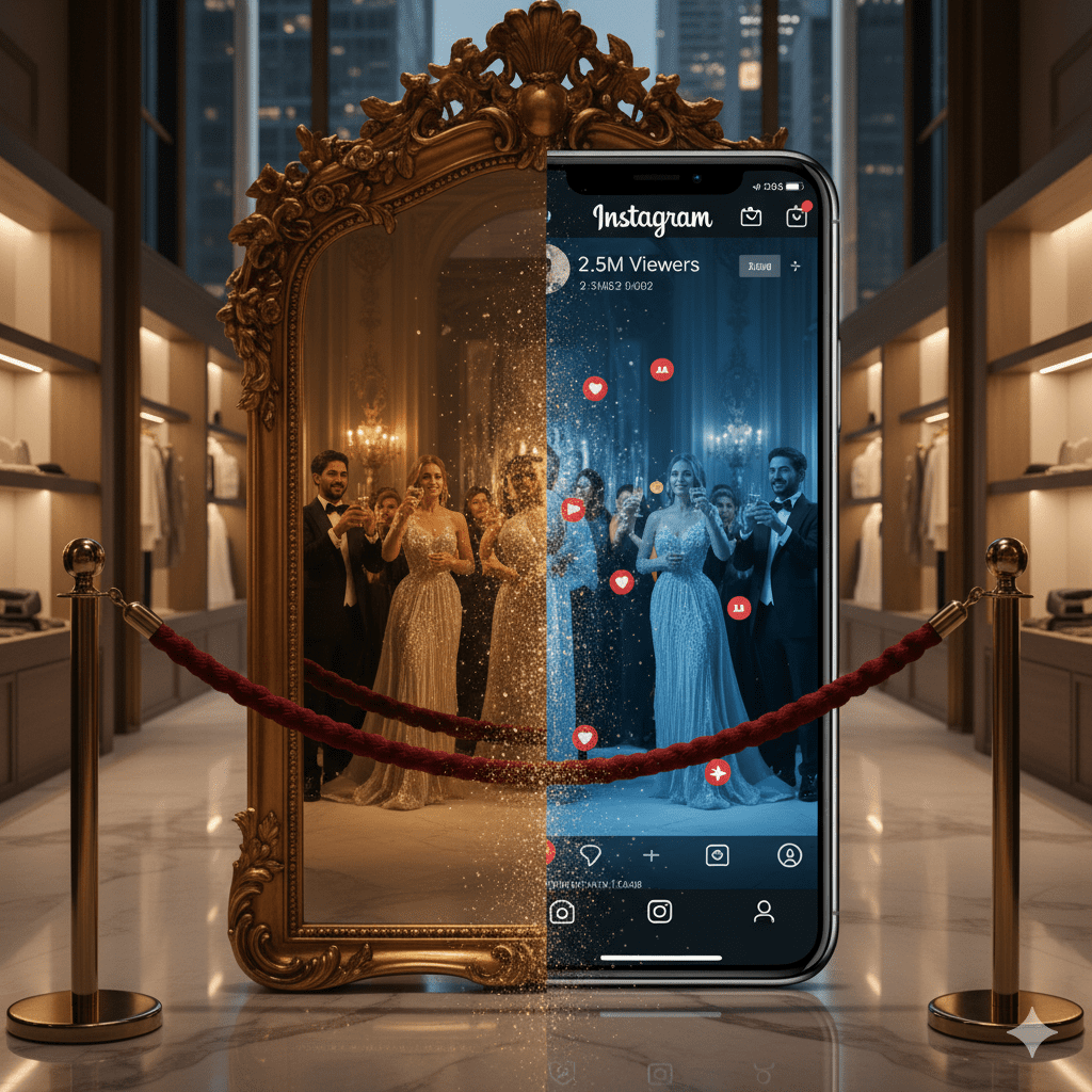 Split-screen visualization showing insider/outsider polarity in luxury brand social media marketing with exclusive physical event on one side and digital audience viewing on smartphones on the other