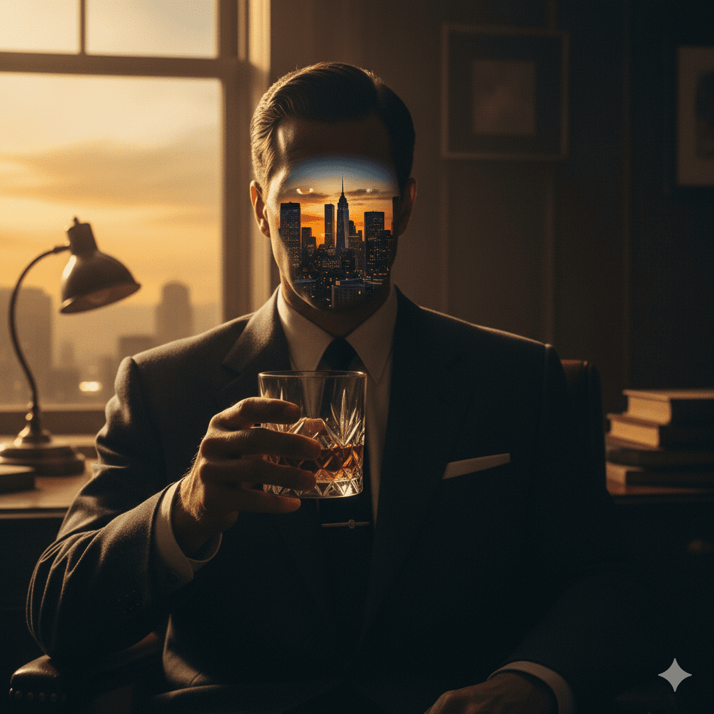 Sharply dressed man reflecting a city skyline in a crystal glass, symbolizing aspirational luxury.