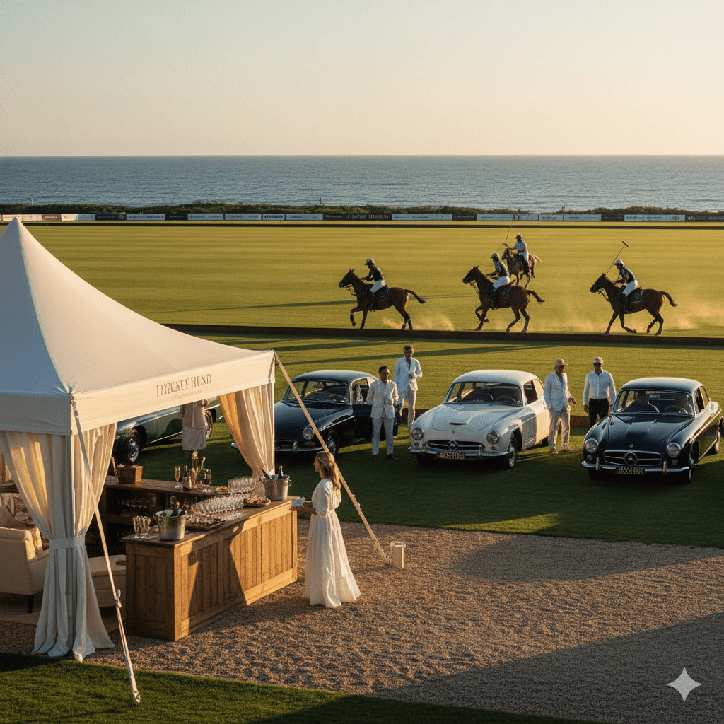 Hamptons luxury brand VIP tent at polo match with high-net-worth guests and branded signage.