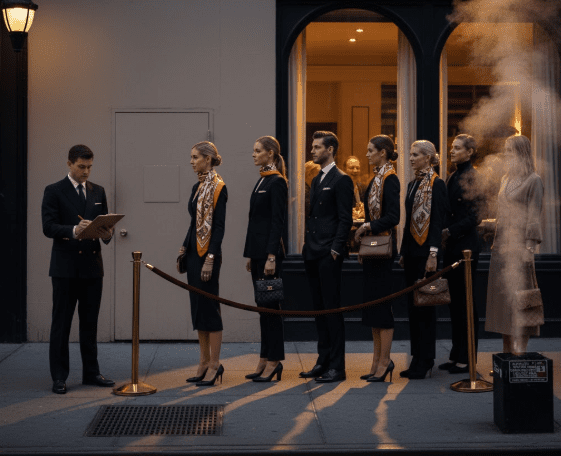 Luxury-dressed New Yorkers waiting in line outside exclusive Manhattan restaurant at dusk with velvet rope and doorman