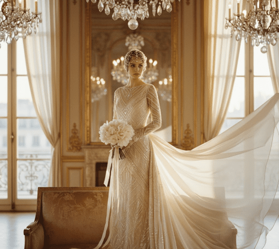 Luxurious vintage wedding dress with Art Deco beadwork displayed in elegant Parisian salon featuring champagne silk and intricate geometric embellishments