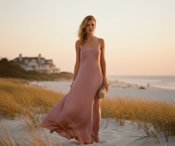Hamptons wedding guest dresses for sunset ceremonies featuring elegant dusty rose silk maxi gown on beach during golden hour