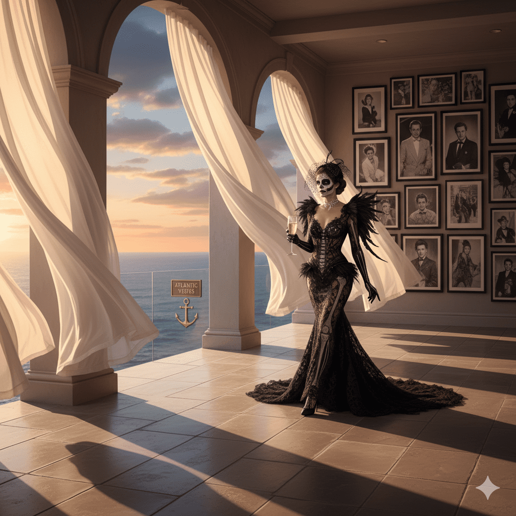 Hamptons luxury Halloween costume guest on terrace with Atlantic view