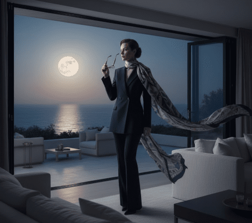 Model styling a tailored blazer and silk scarf into a creative Halloween costume using pieces from her closet