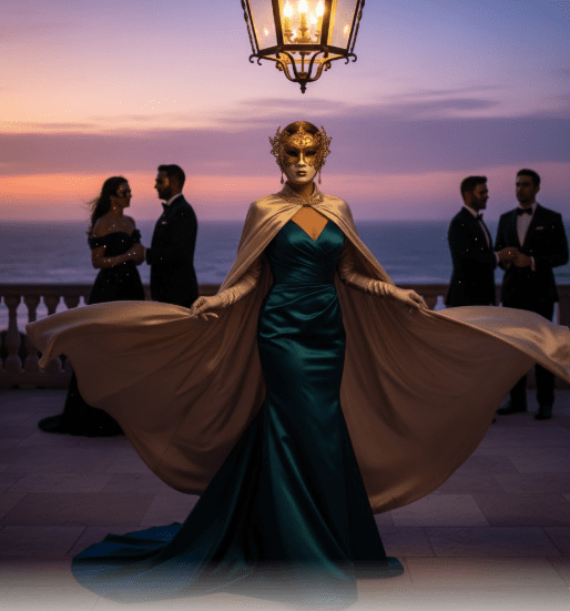 Elegant guest in gold Venetian half-mask and satin gown on Hamptons terrace at dusk