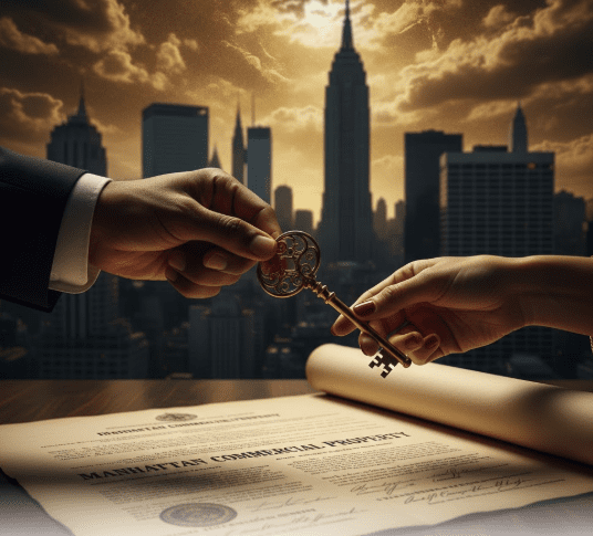 Gilded key handover for Manhattan commercial property deed, symbolizing foreign investment.