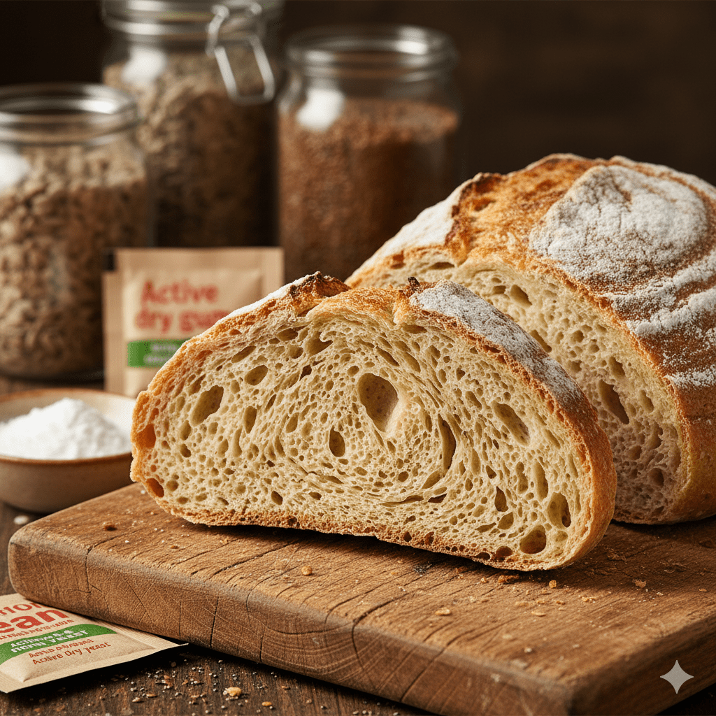 A close-up slice of artisanal gluten free bread with a fluffy interior and rustic crust on a wooden board.