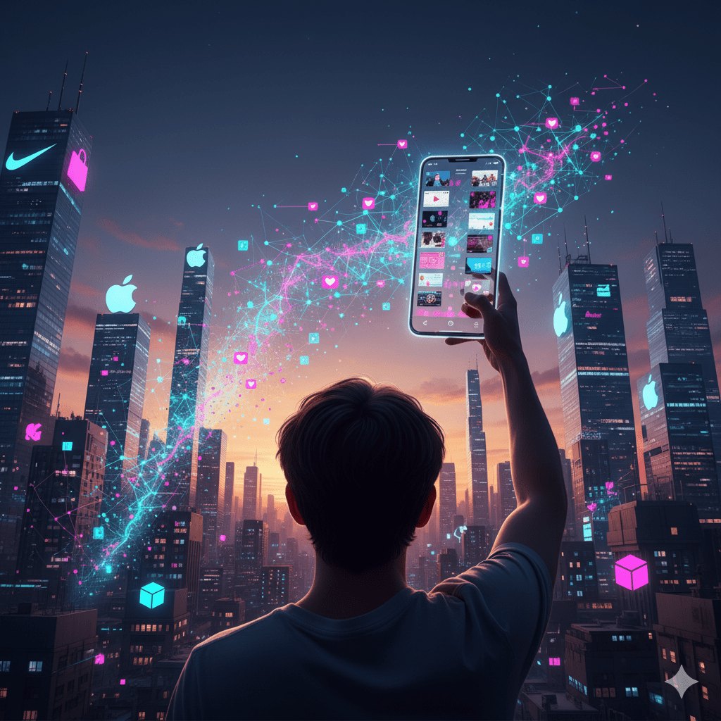A person holds a phone showing a data stream from TikTok, which transforms into a neural network over a futuristic city, symbolizing the future of influence.