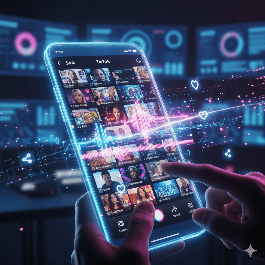 Dynamic TikTok interface on a glowing smartphone, depicting viral content in a high-tech setting.