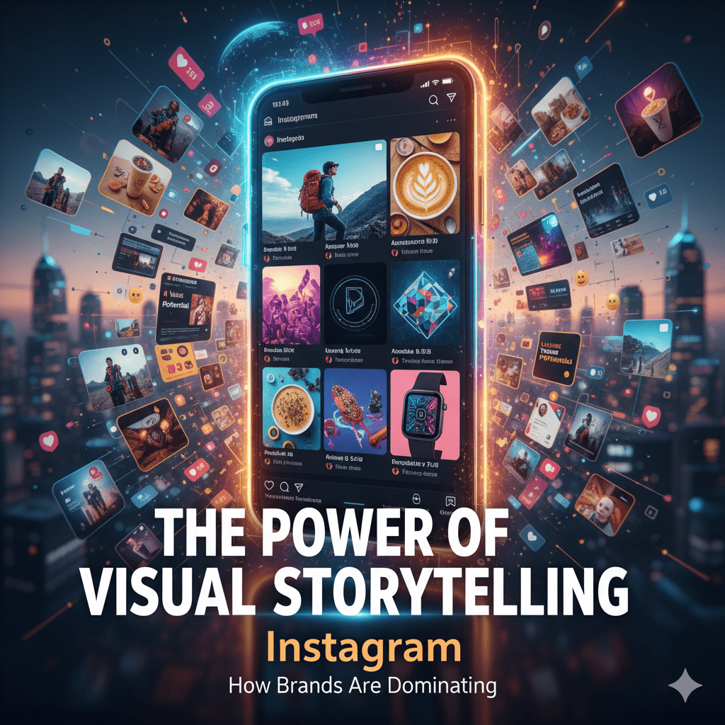 A smartphone screen displaying an Instagram feed with various visually appealing posts, surrounded by a luminous neon glow. Around the phone, a dynamic arrangement of smaller, glowing image thumbnails, social media icons, and data points radiate outwards, suggesting connectivity and widespread reach. The background is a blurred cityscape at night, with light trails. Large, bold text below reads "THE POWER OF VISUAL STORYTELLING" and "Instagram How Brands Are Dominating."