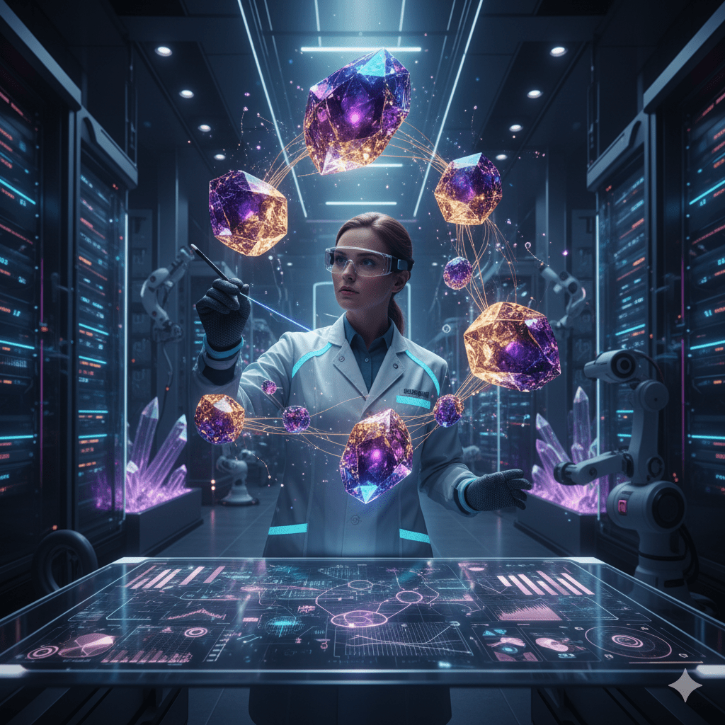 A female data scientist in a lab coat and safety glasses meticulously interacts with a holographic display of glowing, faceted purple and orange data crystals orbiting a central point, set against the backdrop of a futuristic server room with robotic arms and vibrant neon lights.