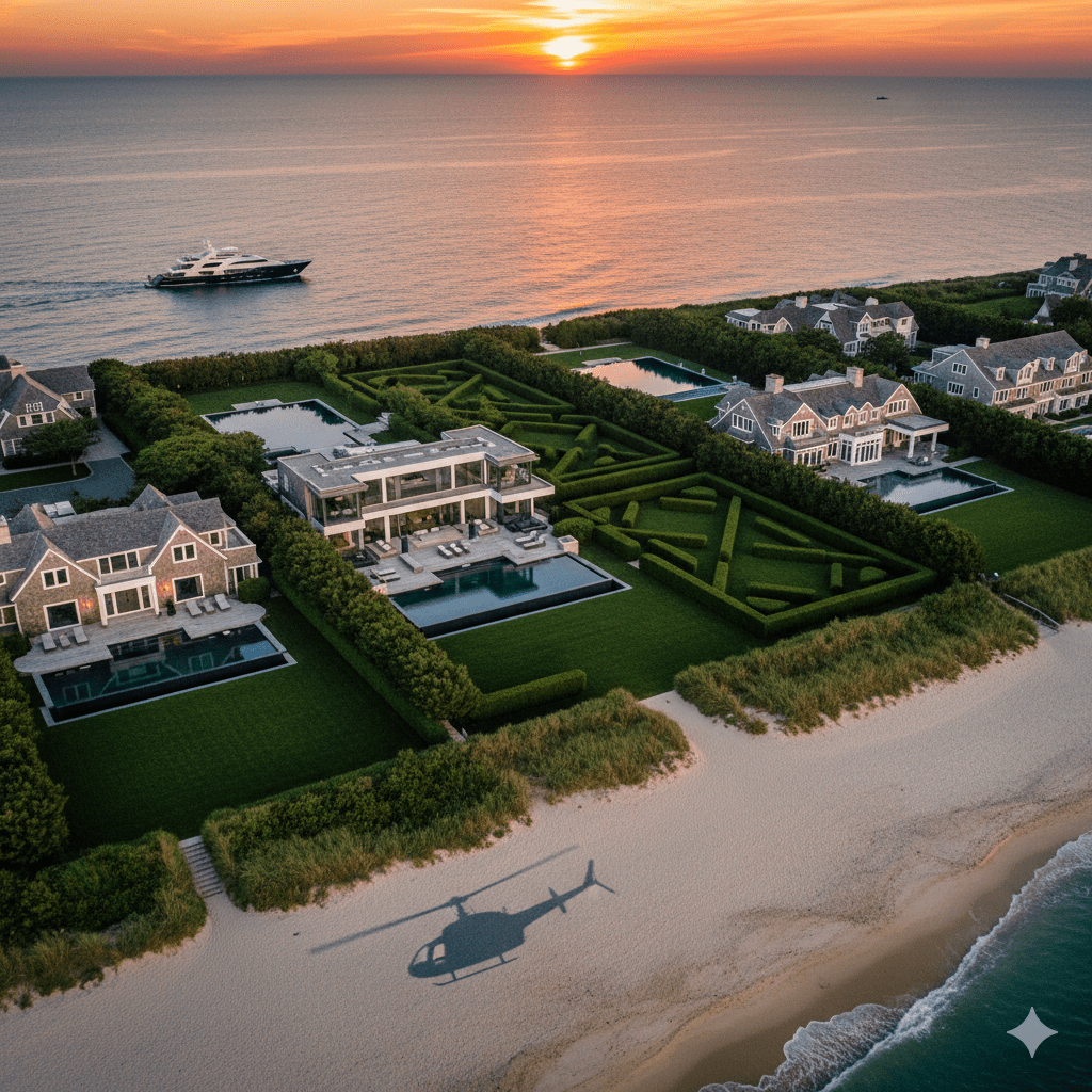 Luxury oceanfront estates on Meadow Lane Southampton Hamptons with yacht at sunset representing luxury stocks rally and high-end real estate market growth