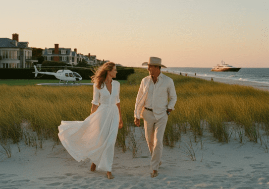 Elizabeth Hurley Billy Ray Cyrus style couple Southampton Hamptons beach golden hour representing celebrity couples 2025 Nashville Hamptons lifestyle luxury living