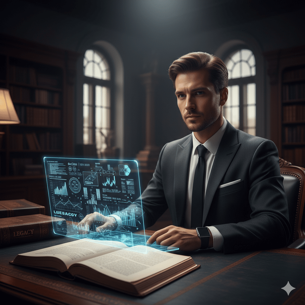 A hyper-realistic, cinematic, and moody photograph. A sharp, ambitious person in their 30s, dressed in a dark power suit, is seated at a grand, antique mahogany desk. Their right hand is near a sleek, glowing holographic digital ledger displaying complex financial data and flowcharts. An ornate, leather-bound antique book titled 'Legacy' is open on the desk to their left. Strong, directional spotlights emphasize the contrast between the digital projection and the old book. The background is a softly blurred but opulent study with arched windows and bookshelves, conveying intelligence, control, and foresight.