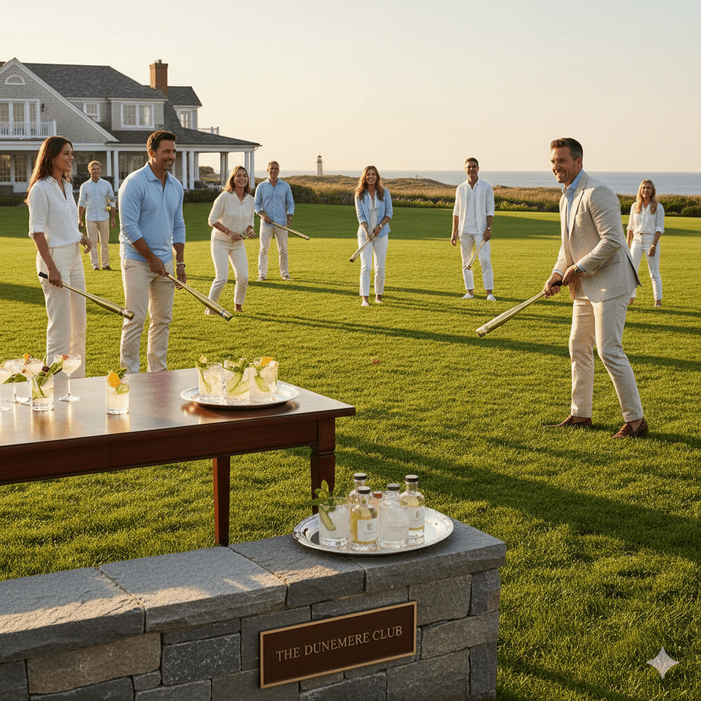 Elite wiffle ball game on a Hamptons estate lawn with luxury guests networking