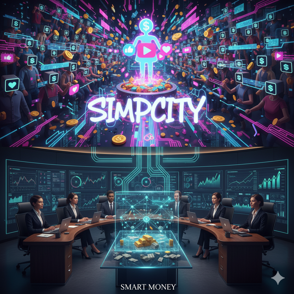 A two-part image visually representing the "Simpcity Economy." The top half depicts a digital cityscape glowing with neon pink and blue, where a central influencer figure is surrounded by a crowd of devoted followers and a shower of money and social media icons. The bottom half shows a group of five sharp-suited business professionals, four women and one man, seated around a sleek, futuristic conference table with multiple screens displaying financial data, and a pile of gold bars illuminated in the center, symbolizing "Smart Money."