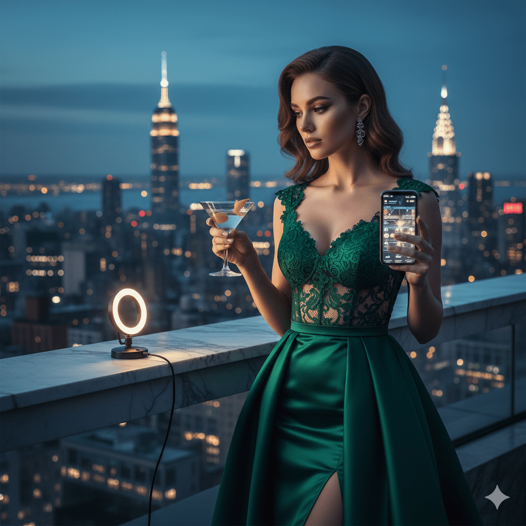 Glamorous socialmediagirl in couture overlooking New York City at night, using her phone to manage her digital influence and elite status.