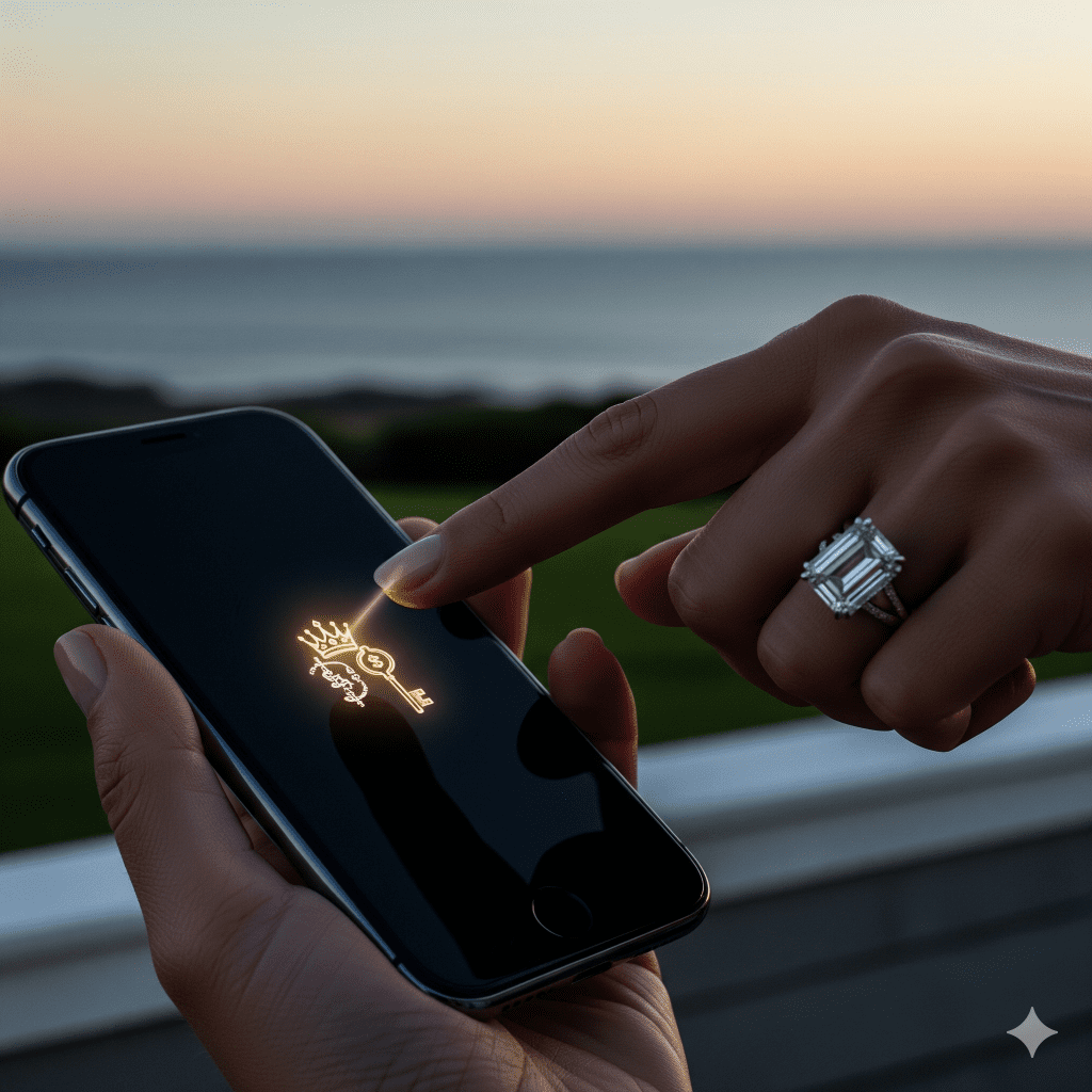 Platinum ring and manicured hand on a smartphone displaying a custom TikTok emoji on a Hamptons sunset terrace.