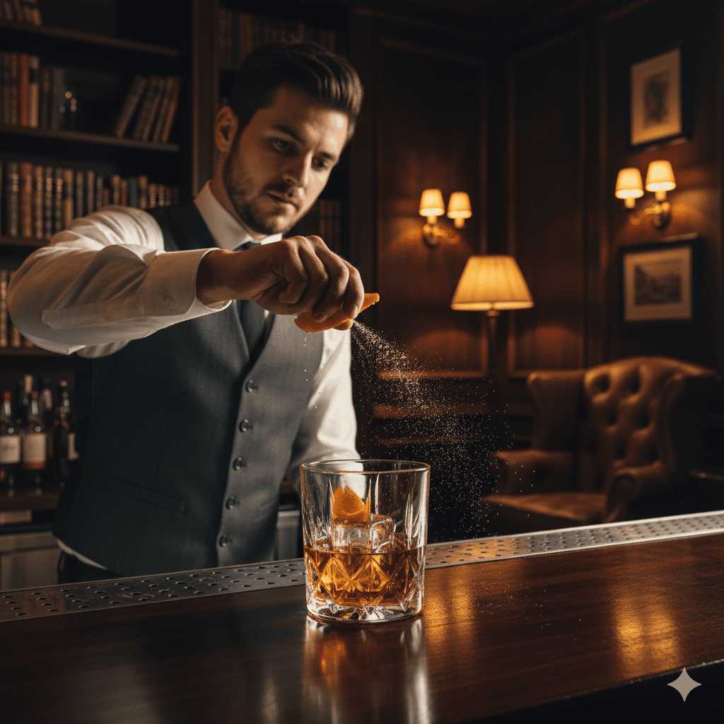 Classic old fashioned cocktail being prepared by bartender in elegant Manhattan private club