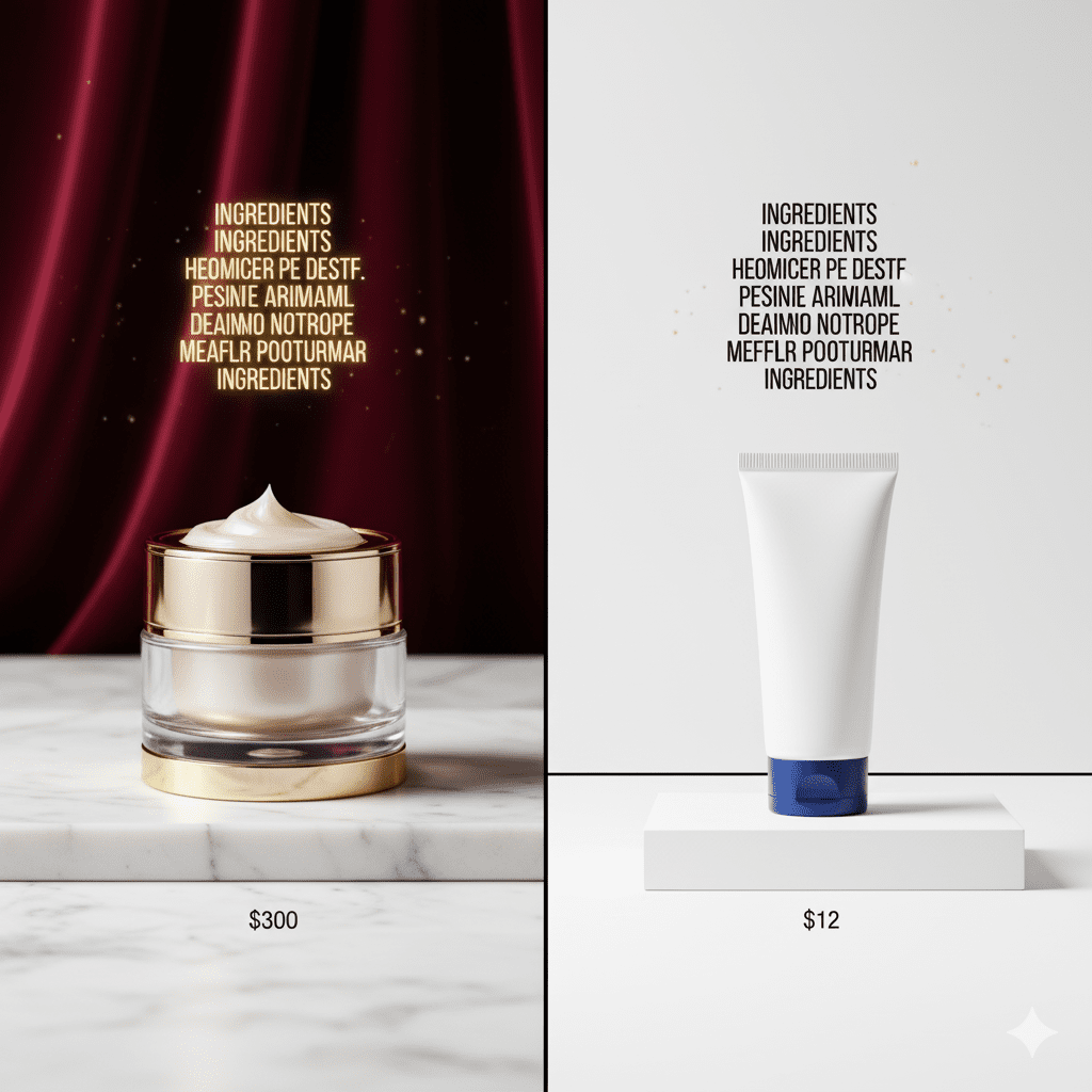 Walmart Supercenter beauty products compared to luxury brands showing identical ingredients at different price points