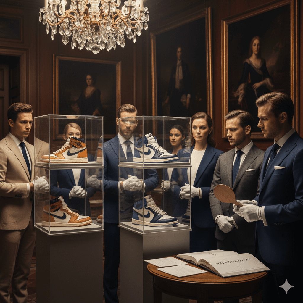 Elite collectors examining rare Air Jordan sneakers at luxury Mayfair auction house with museum-quality display cases and sophisticated lighting