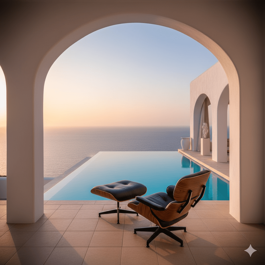 Cliffside Santorini villa embodying minimalist lifestyle serenity with infinity pool and Eames lounger overlooking Aegean blues.