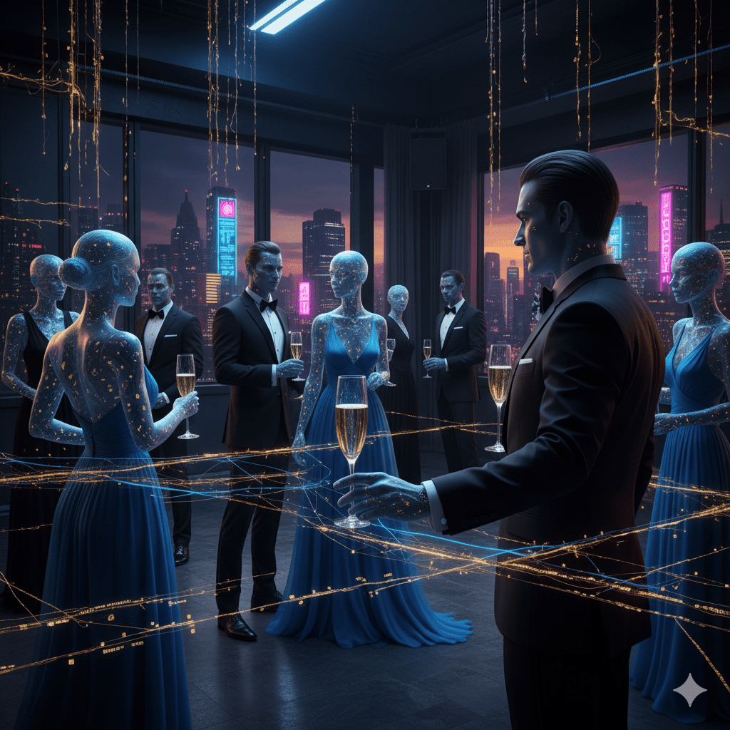Holographic elite networking in a luxurious Manhattan penthouse, symbolizing 2025 digital trends.