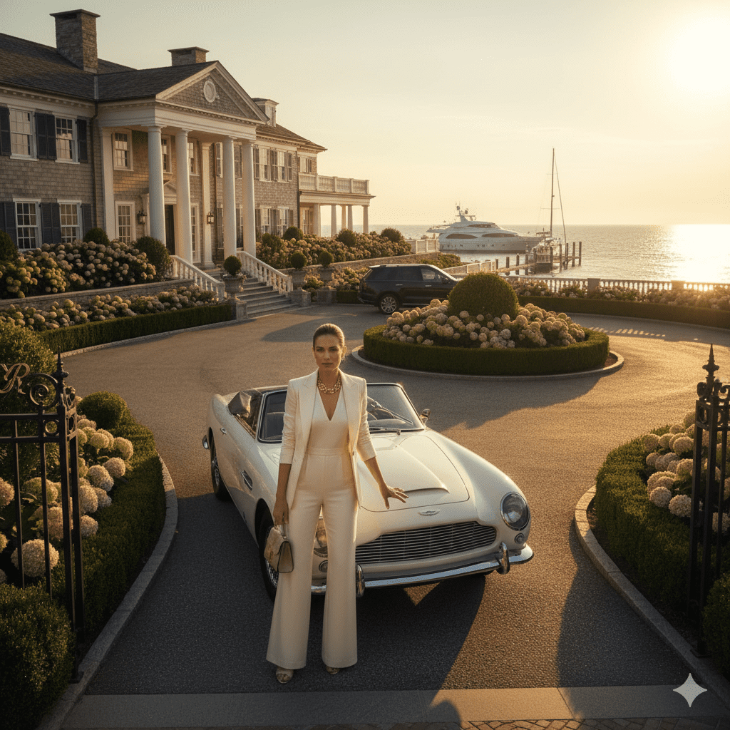 Taylor Swift age 35 standing confidently in front of luxury waterfront mansion representing her $1.5 billion real estate empire and business success