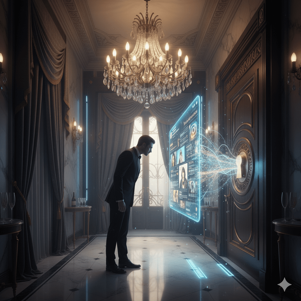 Mysterious figure unlocking hidden Instagram profiles in luxurious shadows, symbolizing 2025 social sleuthing trends.