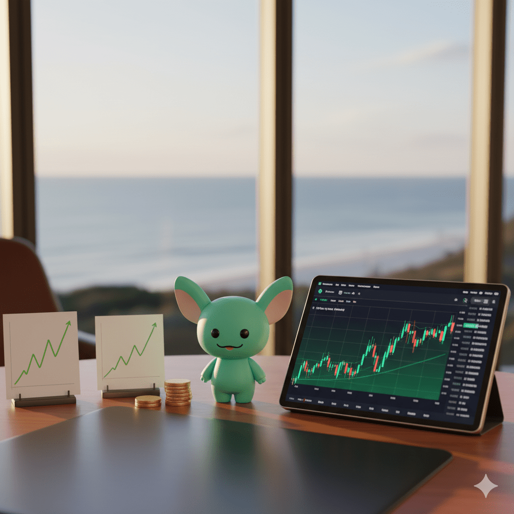 Labubu investment guide showing luxury office with collectible doll and financial charts