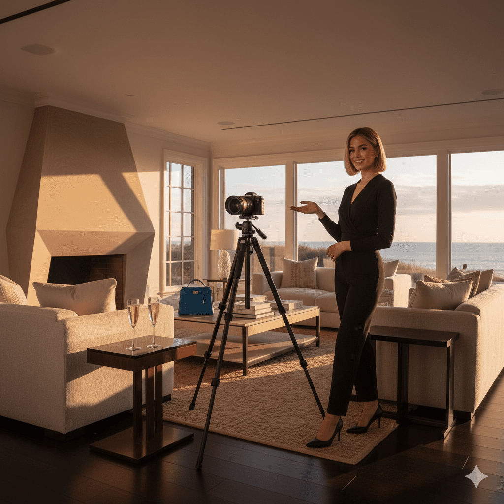 Luxury Hamptons living room with influencer filming a tutorial video next to designer bag and champagne.