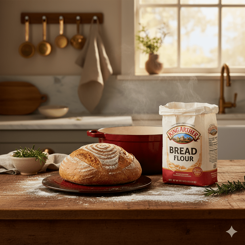 Golden artisan sourdough bread baked with King Arthur Bread Flour on rustic wooden table in luxury Hamptons kitchen with natural morning light