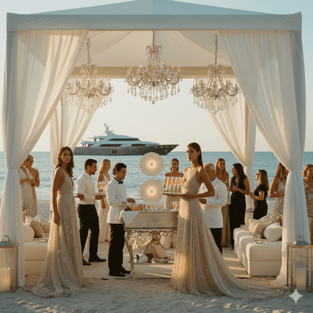Luxury brand activation event in Hamptons with elegant pavilion and exclusive guests