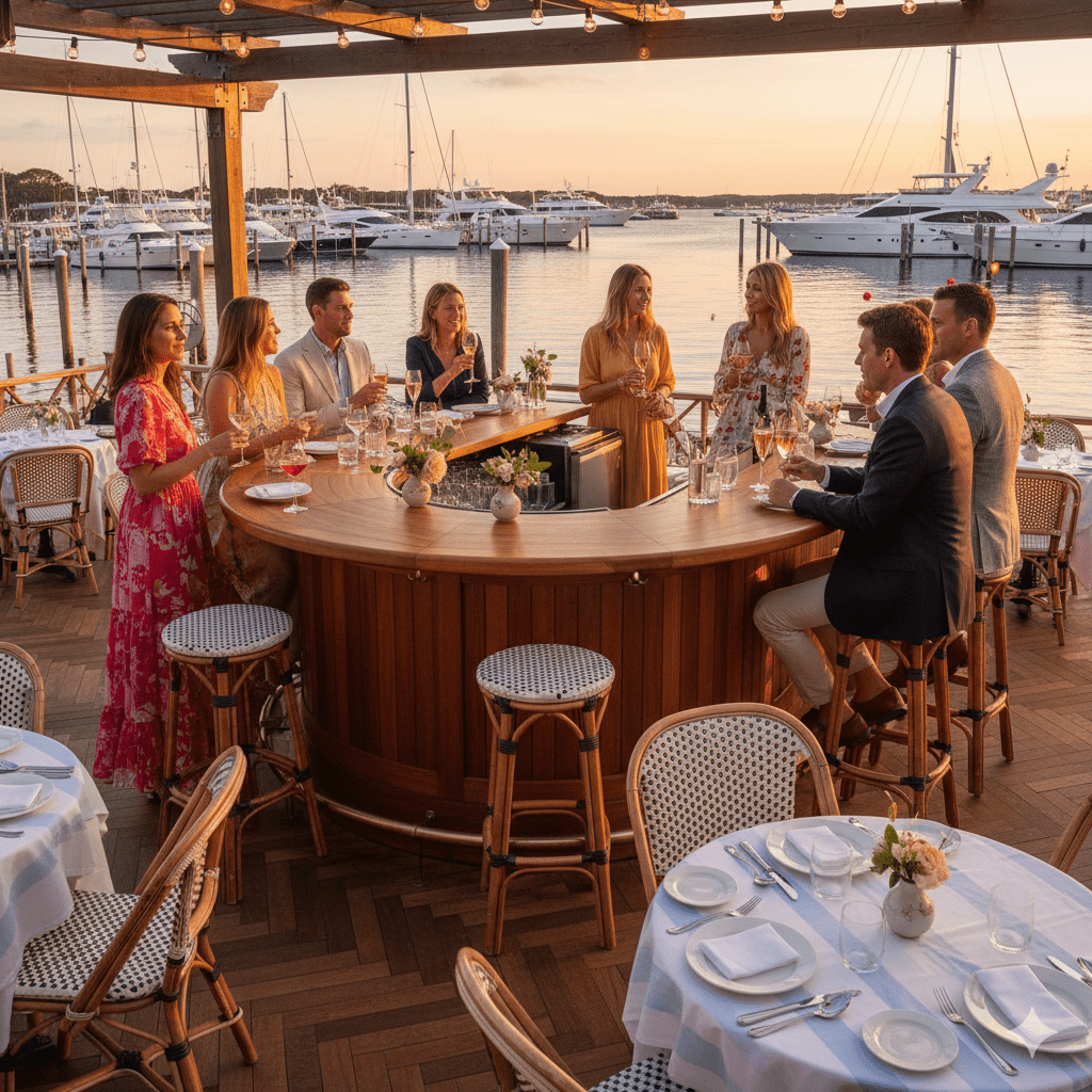 Le Bilboquet Sag Harbor waterfront dining with marina views and elegant guests
