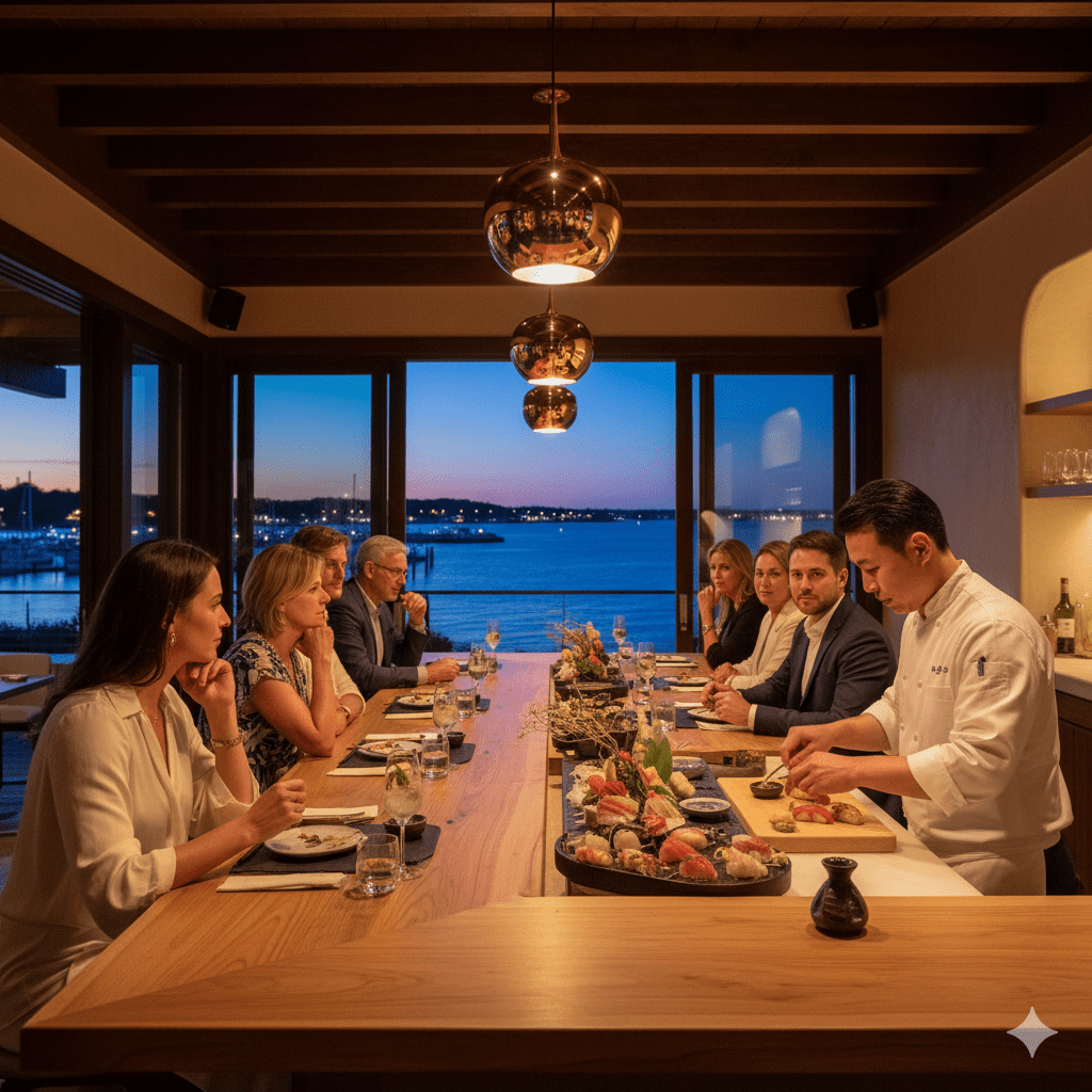 Interior of Sen Sag Harbor restaurant with guests enjoying sushi and sake under warm lighting